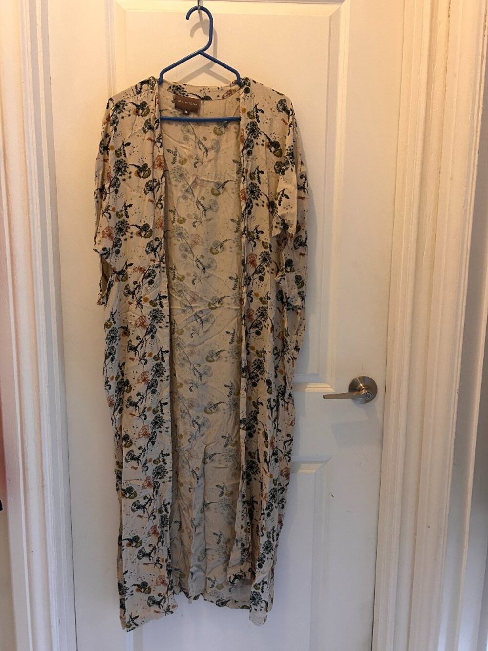 Bel Kazan Sleeveless Duster — Cream | Blue & Brown Floral Print | Like New